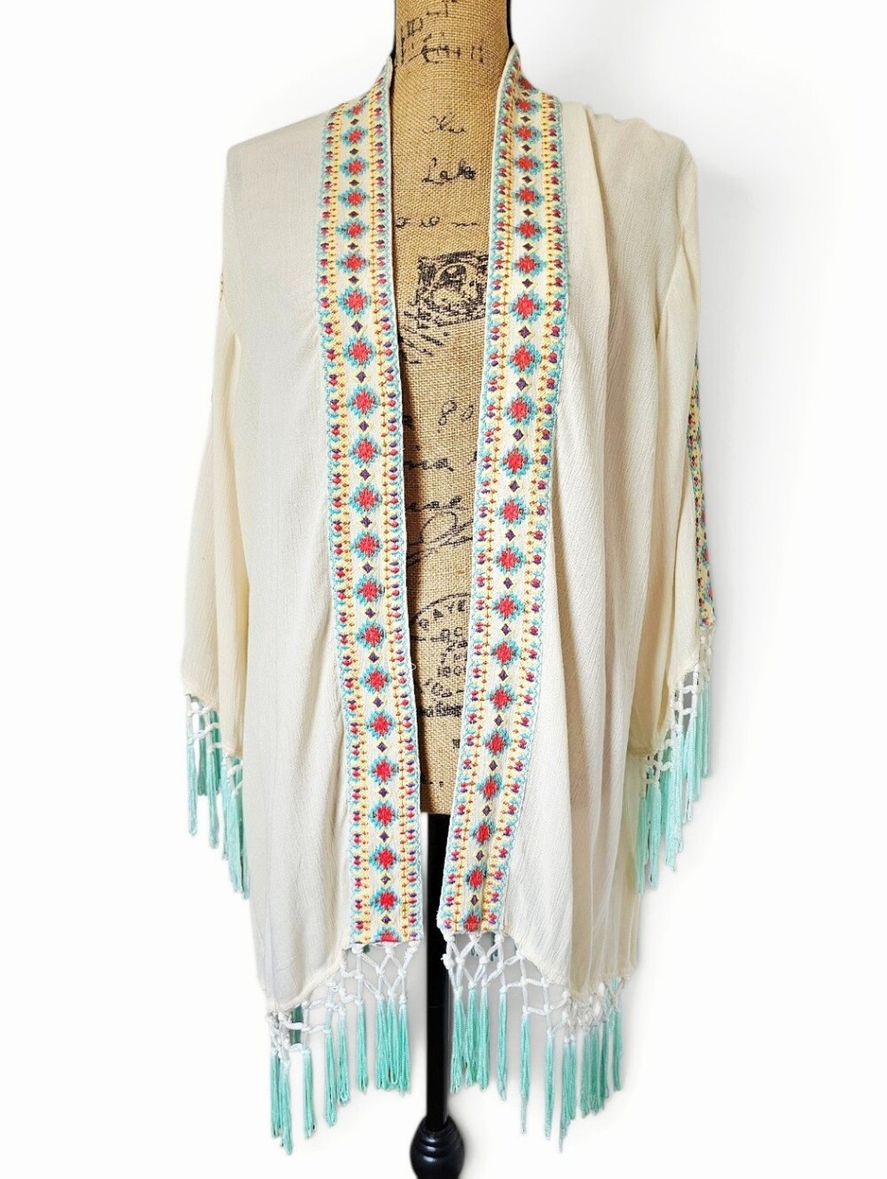 Z&L Boho Embroidered Fringe Open-Front Kimono Cardigan - Cream/Turquoise, M/L